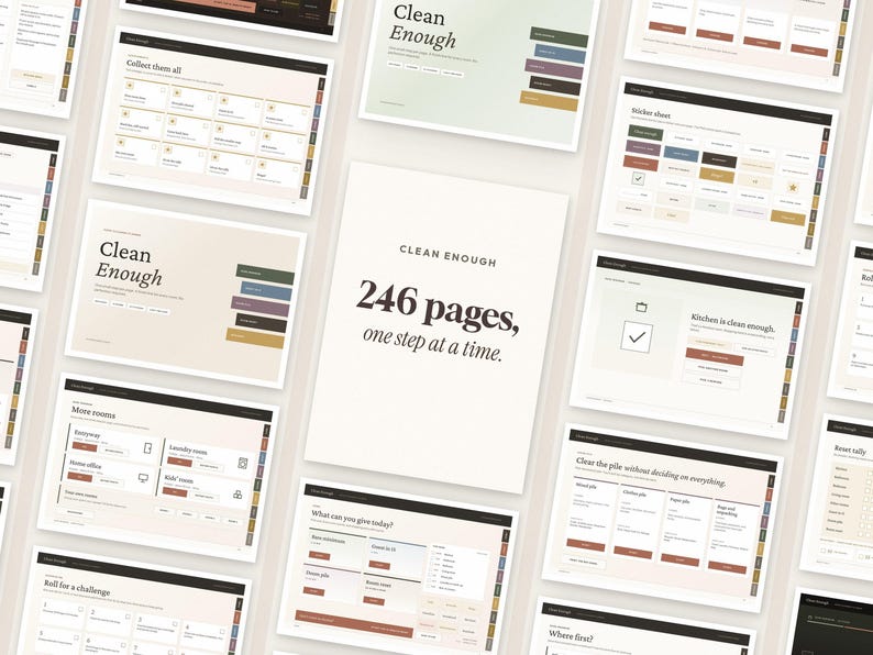 May include: A digital planner layout titled Clean Enough with 246 pages, one step at a time. The collection features various templates for home organization, including task lists, sticker sheets, and room-specific checklists in a neutral color palette.