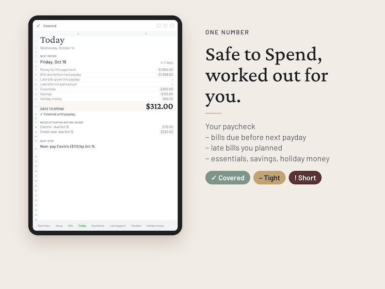 May include: A digital tablet screen displaying a financial planning interface with the text Safe to Spend, worked out for you. The screen shows a list of expenses, a safe to spend balance of $312.00, and status buttons labeled Covered, Tight, and Short.