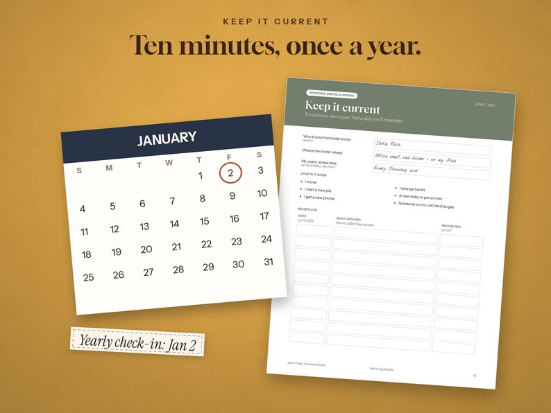 May include: A calendar page for January with the number 2 circled, alongside a document titled Keep it current with fields for personal information and a review log, and a small label with the text Yearly check-in: Jan 2.