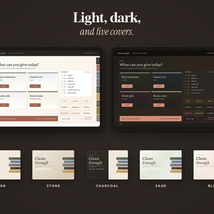 May include: A digital planner interface displayed on two tablets, one in light mode and one in dark mode, featuring the text 'Light, dark, and five covers.' Below are five rectangular cover options labeled Linen, Stone, Charcoal, Sage, and Blush.
