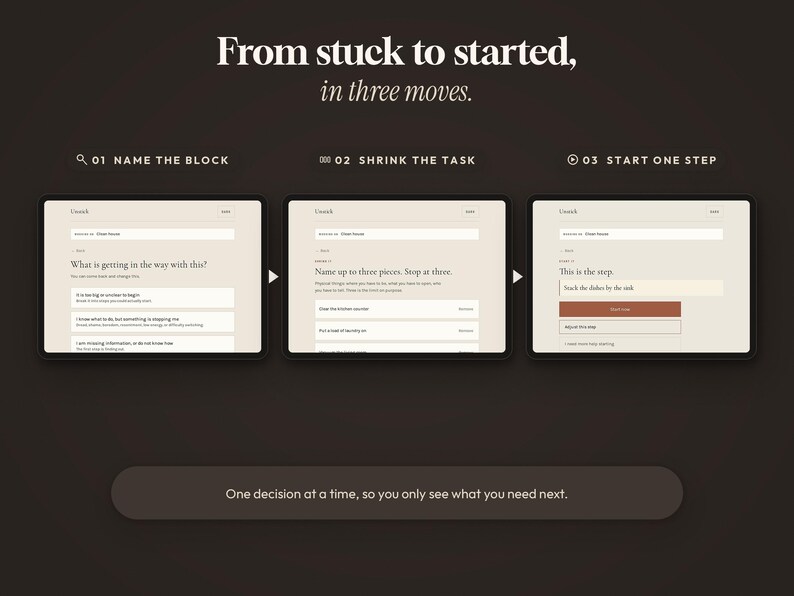 May include: A dark brown graphic displaying a three-step process titled From stuck to started, in three moves. It features three tablet screens showing the Unstuck interface with text prompts for naming blocks, shrinking tasks, and starting one step.
