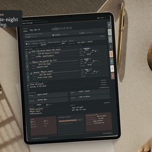 May include: A digital tablet displaying a dark mode daily planner interface with handwritten tasks, time blocks, and mood trackers. The screen features the text "DARK MODE For late-night planning." The layout includes sections for daily goals, to-do lists, and notes.