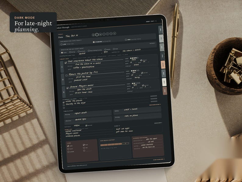 May include: A digital tablet displaying a dark mode daily planner interface with handwritten tasks, time blocks, and mood trackers. The screen features the text "DARK MODE For late-night planning." The layout includes sections for daily goals, to-do lists, and notes.