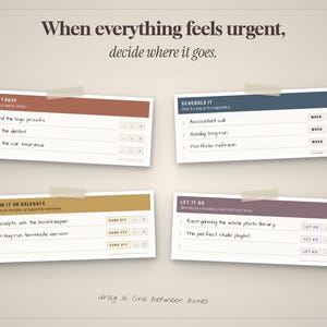 May include: Four rectangular task management cards with adhesive tape accents. The text reads: When everything feels urgent, decide where it goes. Categories include DO IT TODAY, SCHEDULE IT, SHRINK IT OR DELEGATE, and LET IT GO with task lists.