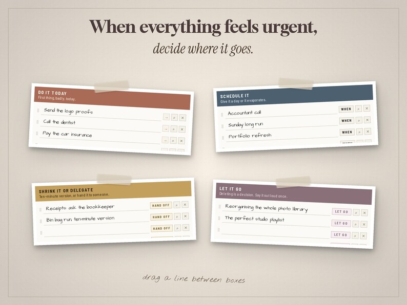 May include: Four rectangular task management cards with adhesive tape accents. The text reads: When everything feels urgent, decide where it goes. Categories include DO IT TODAY, SCHEDULE IT, SHRINK IT OR DELEGATE, and LET IT GO with task lists.