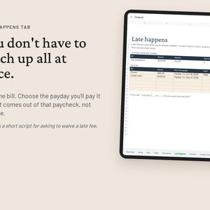May include: A digital tablet displays a financial planning spreadsheet titled Late Happens. The screen shows a table for tracking bills, amounts, due dates, and payment plans, along with text instructions and a script for requesting a late fee waiver.