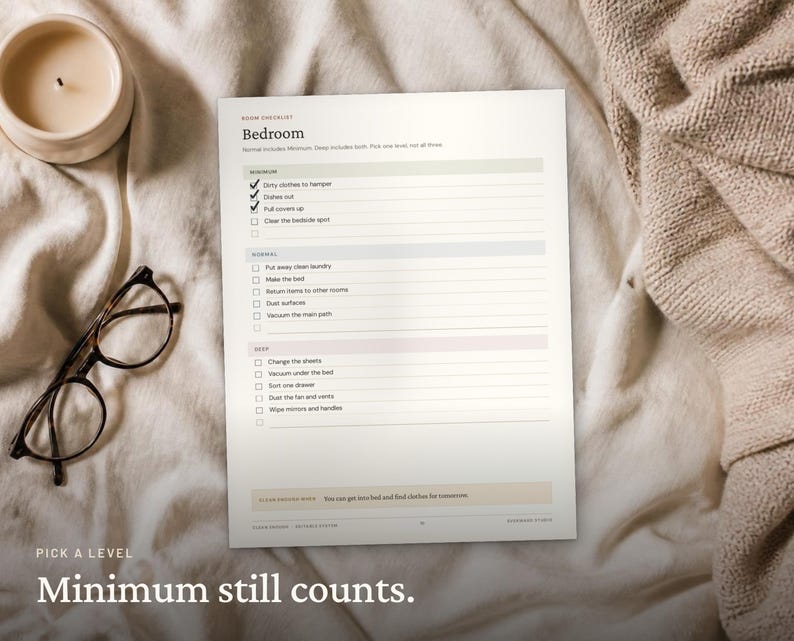May include: A white paper checklist titled Bedroom with sections for Minimum, Normal, and Deep cleaning tasks. The list includes checkboxes and text such as Dirty clothes to hamper, Dishes out, and Pull covers up. The document is printed on white paper.