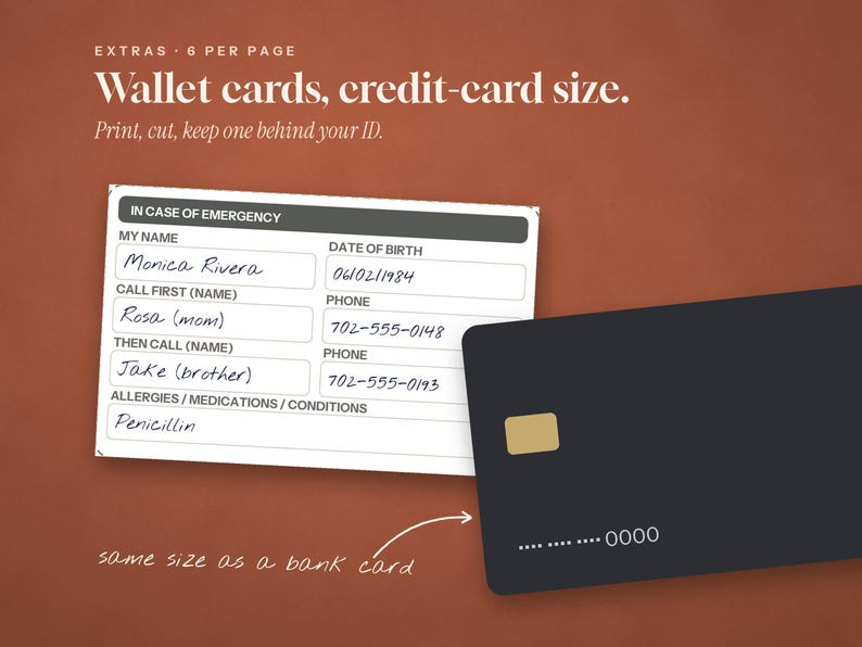 May include: A white rectangular wallet card with black text labeled IN CASE OF EMERGENCY, featuring fields for name, date of birth, emergency contacts, and medical conditions, positioned next to a black credit card for size comparison.