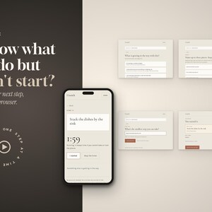 May include: A smartphone displaying the Unstick browser application interface with a timer set to 1:59, alongside four smaller screen views showing task prompts, input fields, and buttons on a split dark brown and beige background.