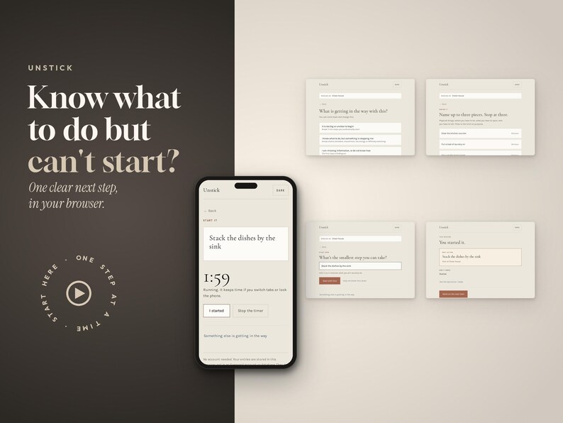 May include: A smartphone displaying the Unstick browser application interface with a timer set to 1:59, alongside four smaller screen views showing task prompts, input fields, and buttons on a split dark brown and beige background.