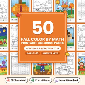 Puede incluir: Una colección de 50 páginas para colorear por números con temática otoñal, que incluye sumas y restas hasta 10 para edades de 5 a 10 años. El conjunto incluye claves de respuestas e ilustraciones de otoño como zorros y calabazas.