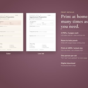 May include: Two printable appointment preparation forms on a dark background. One version is in color, the other is low ink. Text includes 'Appointment Preparation', 'The Appointment', 'Main Concerns', 'Changes Since Last Visit', 'Questions to Ask', and 'What to Bring'.