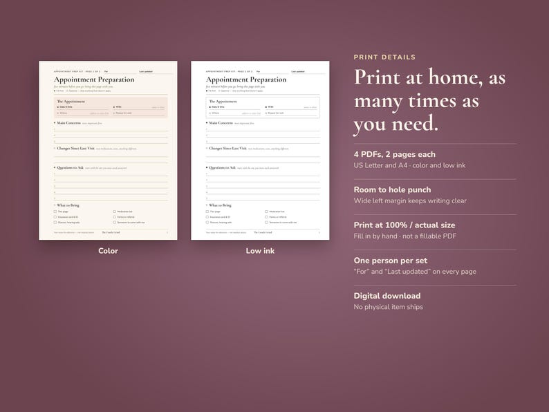 May include: Two printable appointment preparation forms on a dark background. One version is in color, the other is low ink. Text includes 'Appointment Preparation', 'The Appointment', 'Main Concerns', 'Changes Since Last Visit', 'Questions to Ask', and 'What to Bring'.