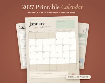 May include: A 2027 printable calendar featuring a monthly view for January, a year overview, and a weekly sheet. The design includes a grid layout with beige and white sections, green accents, and the text 2027 Printable Calendar.