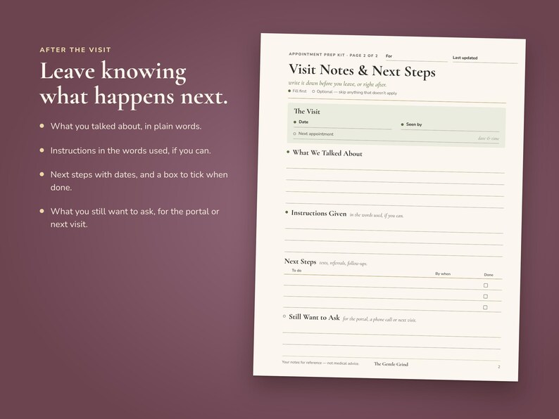 May include: A white paper form titled Visit Notes & Next Steps, page 2 of 2. It includes sections for The Visit, What We Talked About, Instructions Given, Next Steps with checkboxes, and Still Want to Ask. The text is black on a white background.