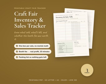 May include: A printable craft fair inventory and sales tracker document set featuring three pages. The white paper includes sections for inventory tally, sales, booth fees, and notes. Text includes Craft Fair Inventory & Sales Tracker.