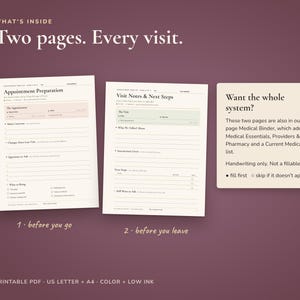 May include: Two printable PDF pages for medical tracking. The first page is titled Appointment Preparation, and the second is Visit Notes & Next Steps. A text box explains these are for handwriting only and not fillable PDFs. US Letter and A4.