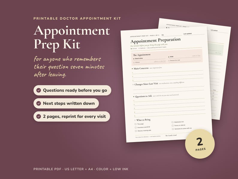 May include: A printable doctor appointment kit featuring two pages of appointment preparation forms. The document includes sections for main concerns, changes since the last visit, questions to ask, and a checklist of items to bring to the visit.