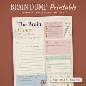 May include: A Brain Dump printable planner page with a cream background, featuring sections titled Unload, Identify, Sort, Next Steps, and Set Aside. The layout includes pastel pink, green, and blue boxes, floral illustrations, and text instructions.
