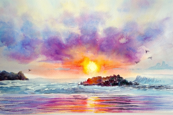 9x12 Sunset And Ocean Original Horizontal Watercolor Etsy