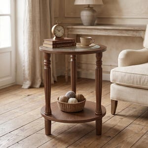 May include: A round wooden side table with a fluted pedestal base and a lower shelf. The table features a circular top surface, four carved legs, and a small woven basket containing several yarn balls resting on the bottom shelf.