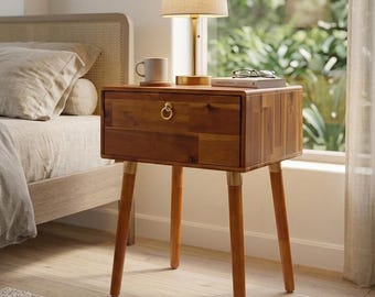 Solid Acacia Wood Nightstand, Caramel Bedside Table with Drawer