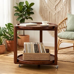 May include: A round, two-tiered wooden rolling cart with a dark brown finish. The top tier holds a white book and a white teacup on a saucer. The bottom tier features a rectangular woven basket filled with a row of books standing upright.