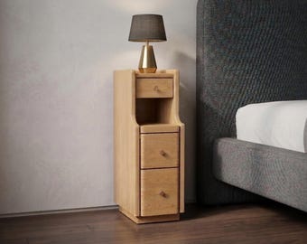 Solid Wood Narrow Nightstand with 3 Drawers, Natural Rubberwood