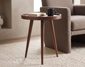 Mid Century Round End Table, Walnut Finish Mango Wood Side Table