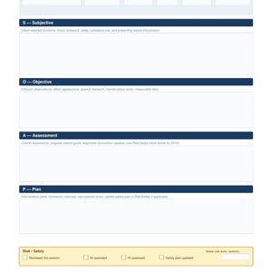 May include: A SOAP Clinical Note form for therapists and counselors, featuring sections for Subjective, Objective, Assessment, and Plan documentation. The document includes fields for client information, a Risk/Safety checklist, and clinician signature lines.