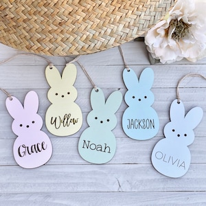 Easter Basket Baby Shower Name Tag Peep Bunny Laser Cut and Engraved Personalized Custom Wood Tag Peeps