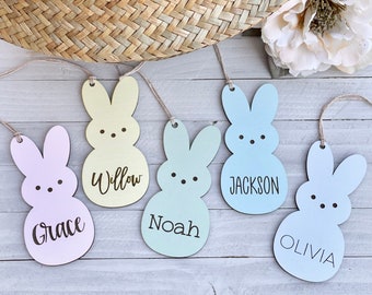 Easter Basket Baby Shower Name Tag Peep Bunny Laser Cut and Engraved Personalized Custom Wood Tag Peeps