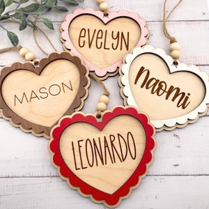 Valentine Name Tag Valentine&#39;s Day Basket Wooden Heart Ornament Galentines Gift Tag Laser Engraved Hand Painted Wood Personalized