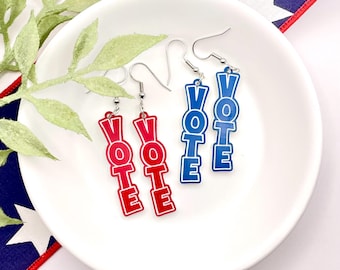 Political Vote Democrat Republican Blue Red Dangle Earrings Laser Cut and Engraved Acrylic