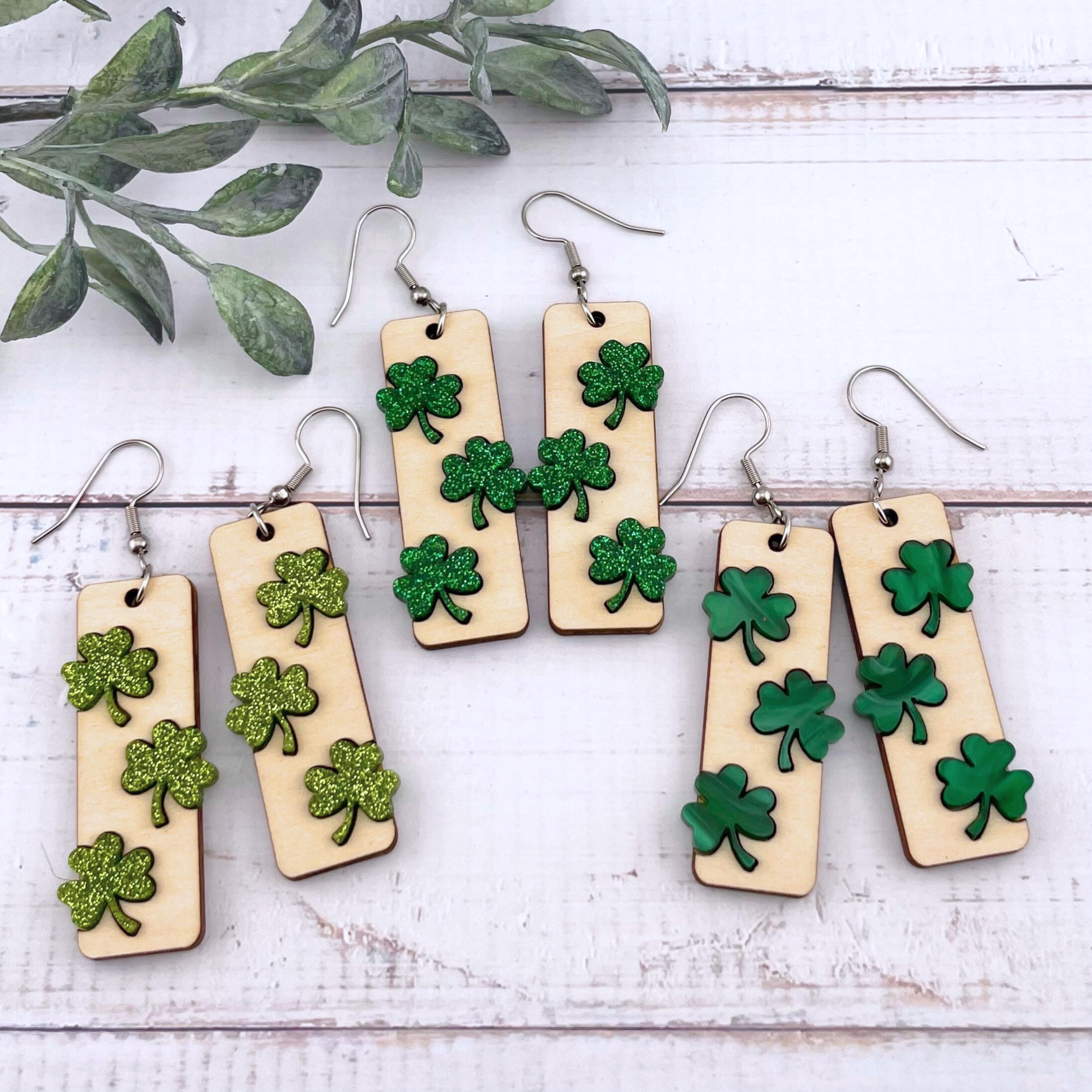 4 Pairs St. Patrick's Day Earrings - Green Acrylic Shamrock Dangle Earrings For Women