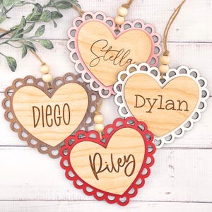 Valentine Name Tag Valentine&#39;s Day Basket Wooden Heart Ornament Galentines Gift Tag Laser Engraved Hand Painted Wood Personalized