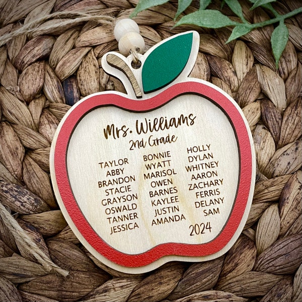 Teacher Gift Apple Christmas Ornament Class List Student Names Laser Cut and Engraved Hand-Painted Wood Ornament