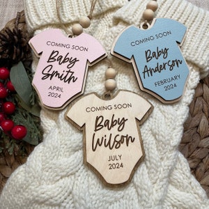 Baby Announcement Expecting Mom Shower Gift Baby Coming Soon Pregnancy Christmas Ornament Name Tag Personalized Engraved Wood