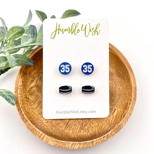 Hockey Earrings Set of 2 Puck + Personalized Number in Custom Color