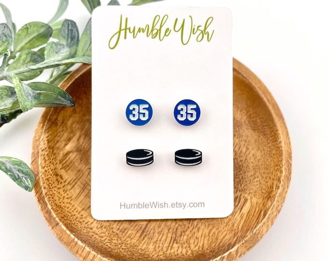 Hockey Earrings Set of 2 Puck + Personalized Number in Custom Color