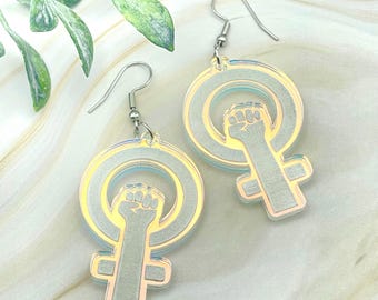 Womens Rights Feminist Fist Symbol Iridescent Earrings Political Democrat Liberal Roe Your Vote Dangle Pro Choice Laser Cut and Engraved
