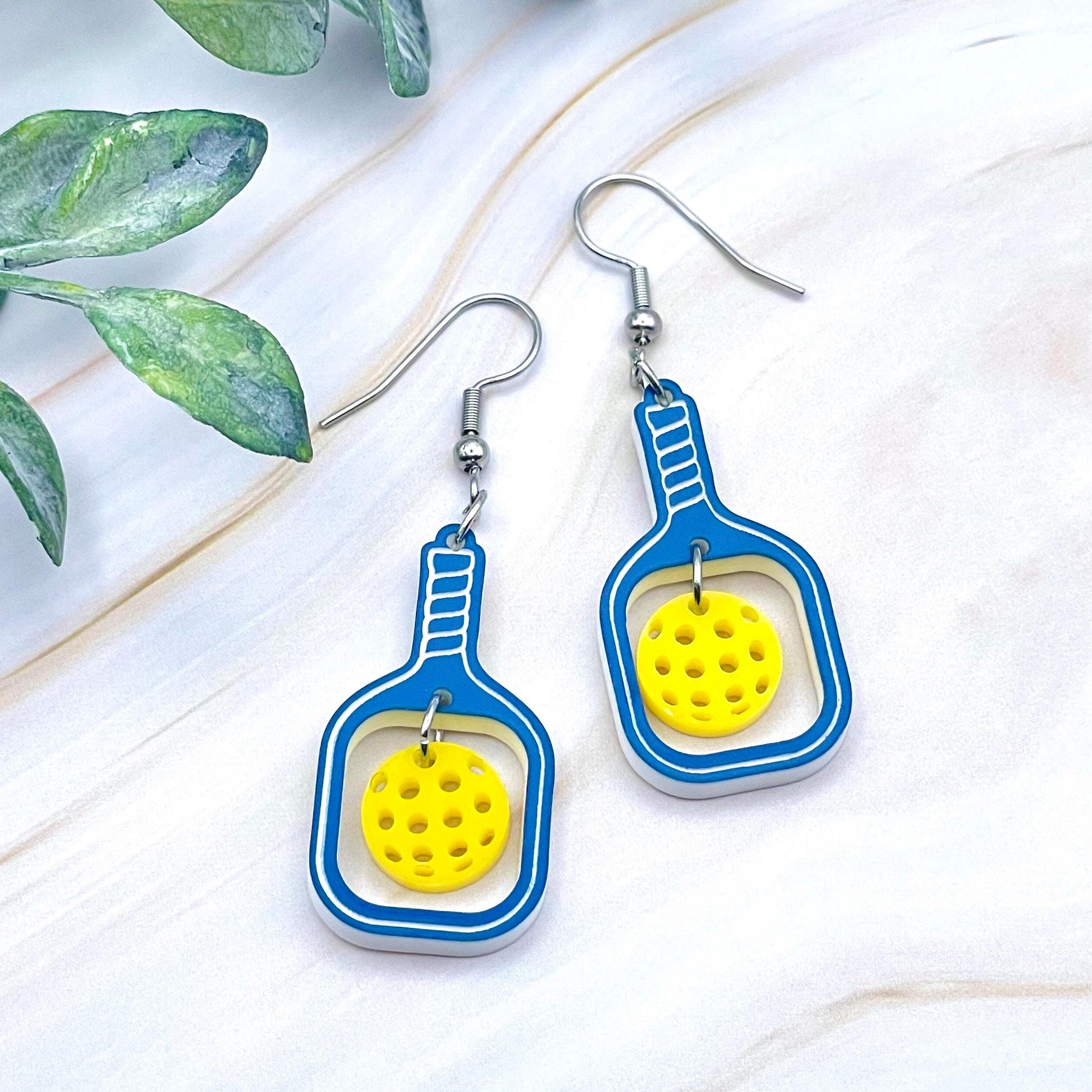 Pickleball and Paddle Hook Dangle Earrings Laser Cut and Engraved Acrylic Gift for Pickleball Players