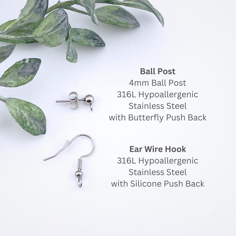 May include: Two types of earring findings: a 4mm ball post with a butterfly push back and an ear wire hook with a silicone push back. Both are made of 316L hypoallergenic stainless steel.