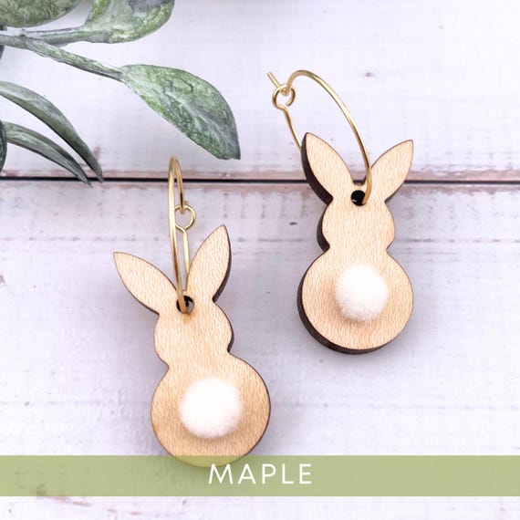 Easter Bunny Earrings Wood Rabbit With Fluffy Tail Dangle Hoop