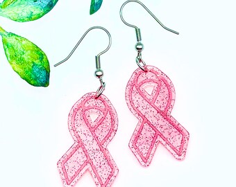 Pink Ribbon Dangle Earrings, Glitter Acrylic, Breast Cancer Awareness