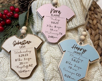 Baby's First Christmas Ornament Baby Shower Gift Stats Name Tag Keepsake Personalized Engraved Wood