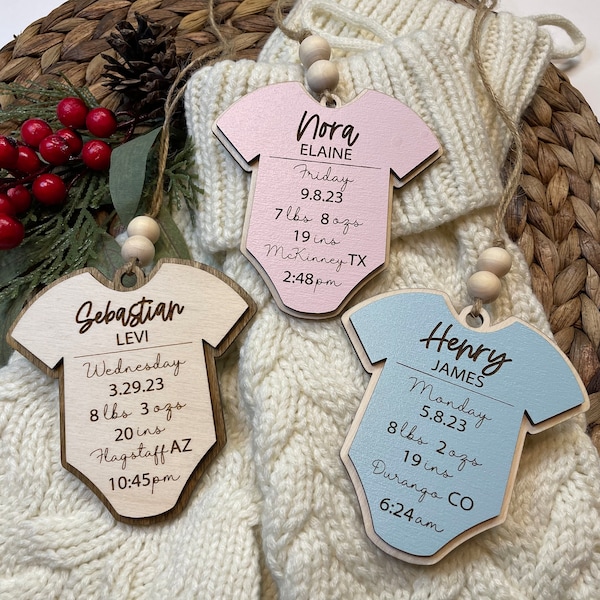 Baby's First Christmas Ornament Baby Shower Gift Stats Name Tag Keepsake Personalized Engraved Wood