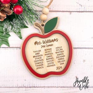 Apple Ornament Teacher Gift Personalized with Class Names, Laser Cut and Engraved Wood