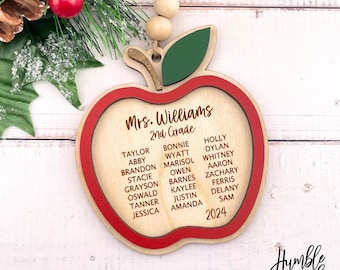 Apple Ornament Teacher Gift Personalized with Class Names, Laser Cut and Engraved Wood