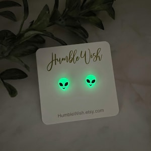 Halloween Alien Martian Face Glow In The Dark Stud Earrings Small Simple Cute UFO Laser Cut Engraved Acrylic
